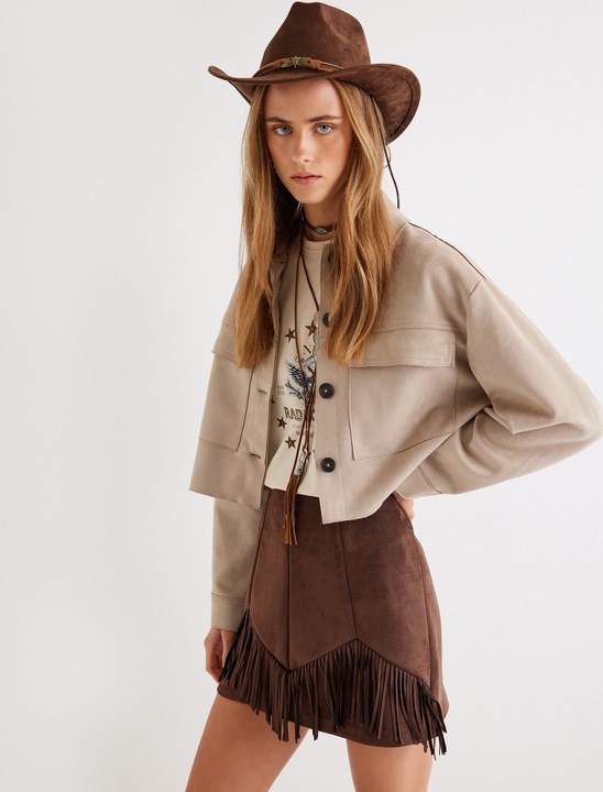 KOTON, Jacheta crop cu buzunare frontale, Grej