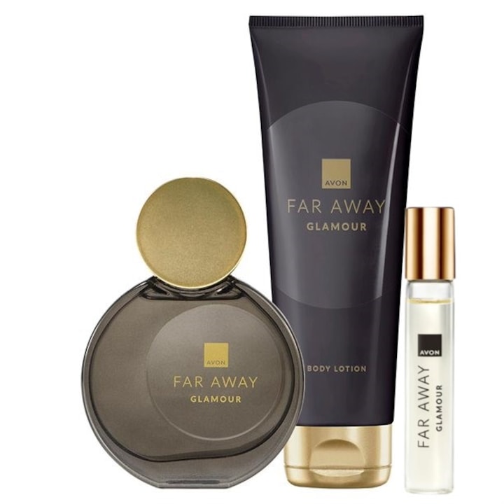 Set 3 produse Far Away Glamour, Avon - Apa de parfum 50 ml, Lotiune de corp 125 ml si Mini-Apa de parfum 10 ml