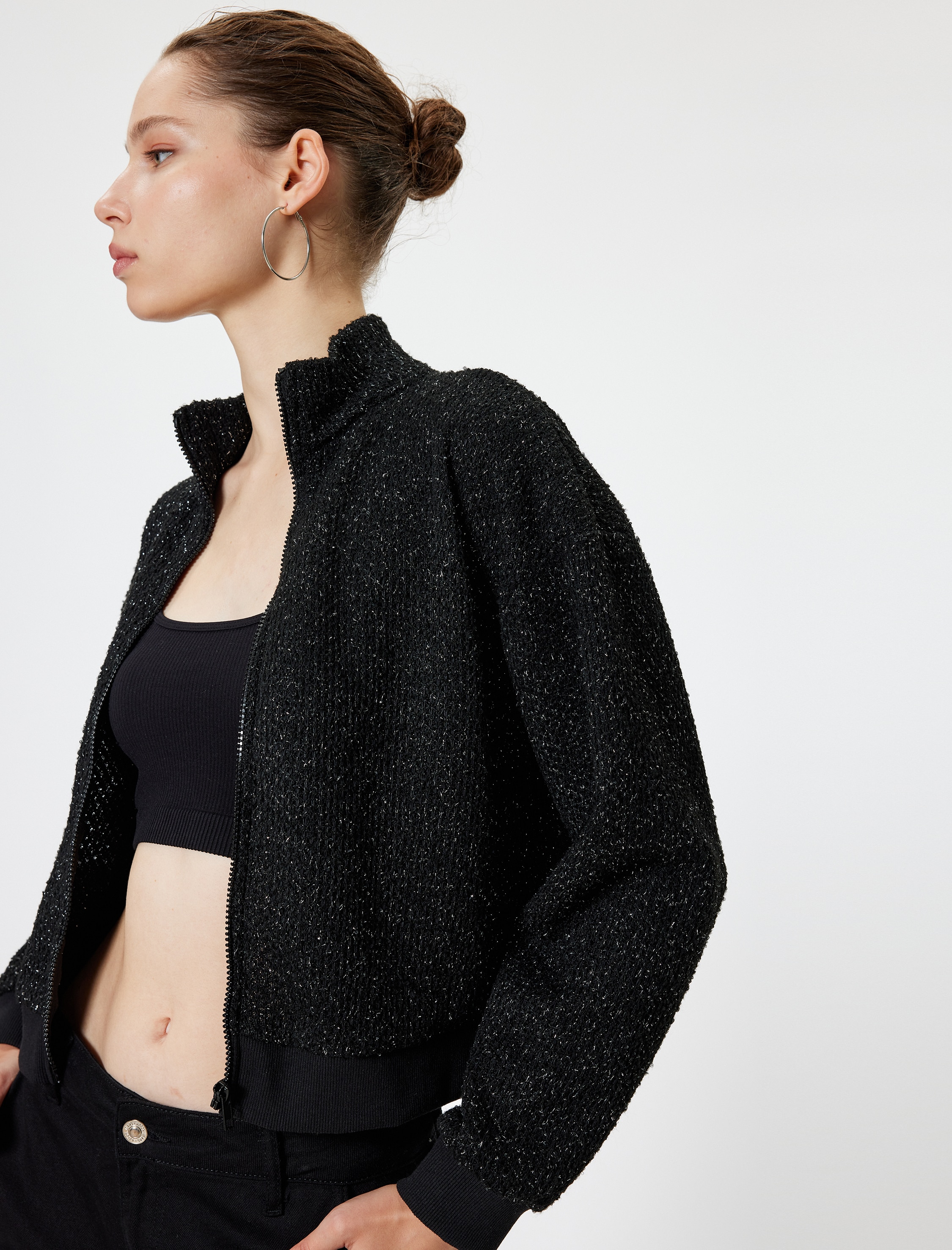KOTON, Cardigan crop cu fermoar si aspect stralucitor, Negru, L