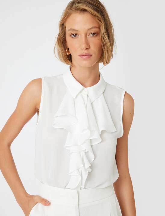 KOTON, Camasa fara maneci cu volane, Alb murdar, 2XS