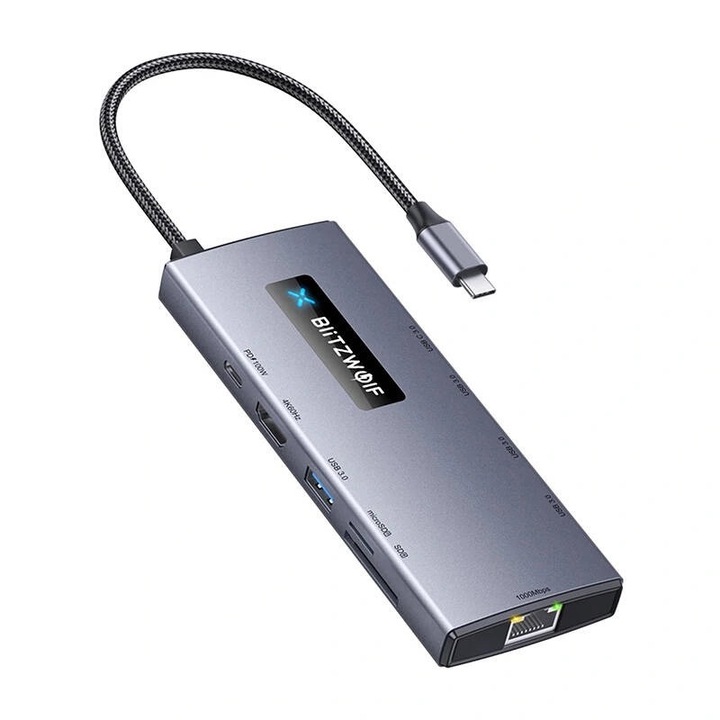 Хъб, BlitzWolf, алуминиева сплав, 3 x USB-A 3.0, 2 x USB-C 3.0, HDMI 4K/60Hz, SD/TF, RJ45 1000 Mbps, 14,5 x 5,3 x 1,5 cm, сребрист