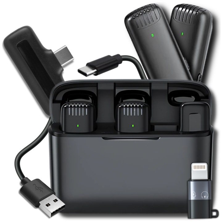 2 db Lavaliera vezeték nélküli mikrofon készlet, C típusú és iPhone, Slayo, fekete, 30 méteres hatótáv, 800 mAh töltőtok, Android és IOS adapter, vezeték nélküli, C típusú, telefon, laptop, táblagép