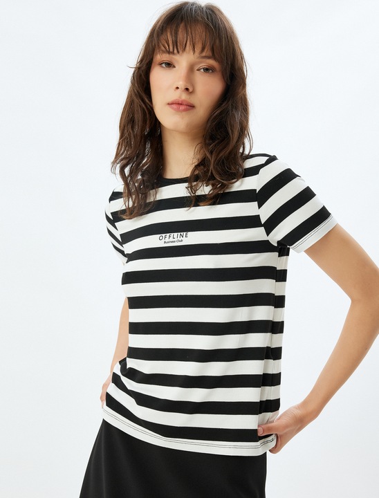 KOTON, Tricou cu decolteu la baza gatului si dungi, Negru, 3XL