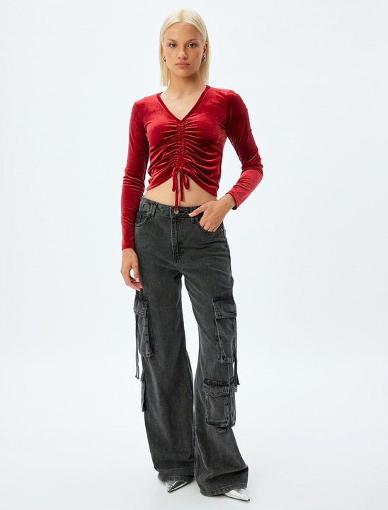 KOTON, Bluza slim fit de catifea, Rosu inchis, 3XL