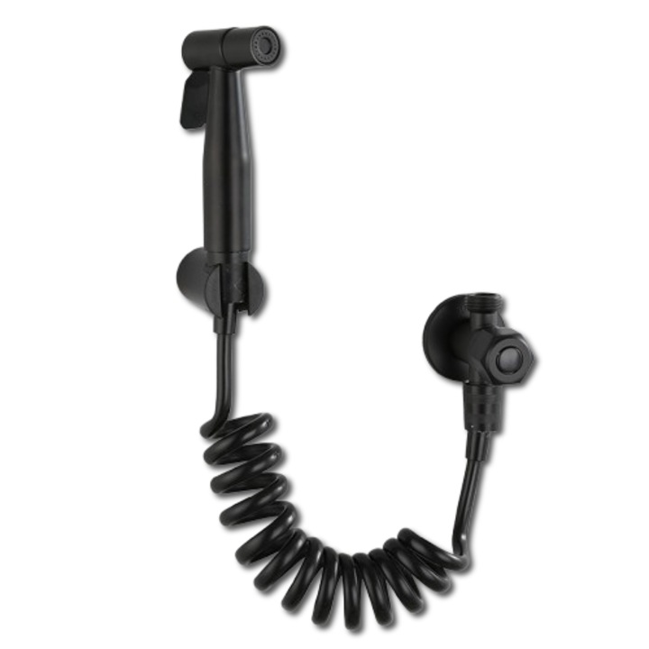 Set pistol de pulverizare cu apa, cap T, inox, furtun arcuit, functie bideu si spalator WC, negru