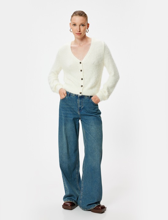 KOTON, Cardigan cu decolteu in V si aspect pufos, Alb fildes