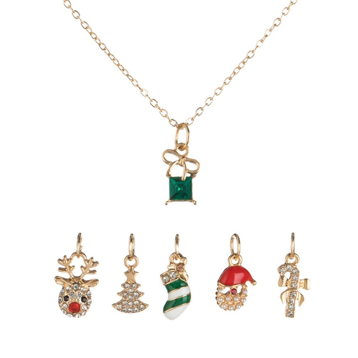 Set colier aurie cu 6 pandantive cu strass, femei, Crăciun, 6buc