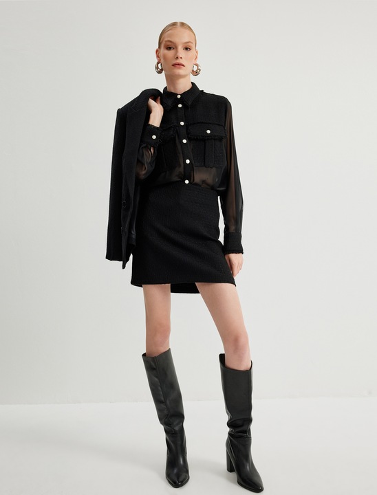 KOTON, Camasa din sifon cu insertii din tuid, Negru, 2XS