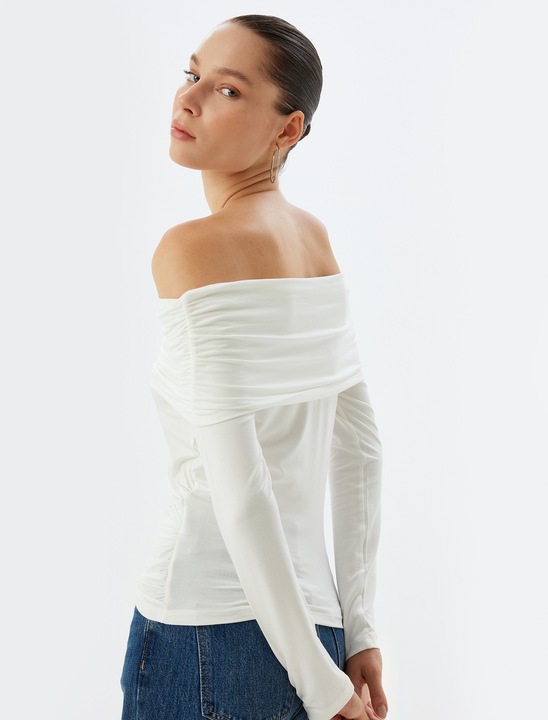 KOTON, Bluza cu model uni si decolteu pe umeri, Alb fildes