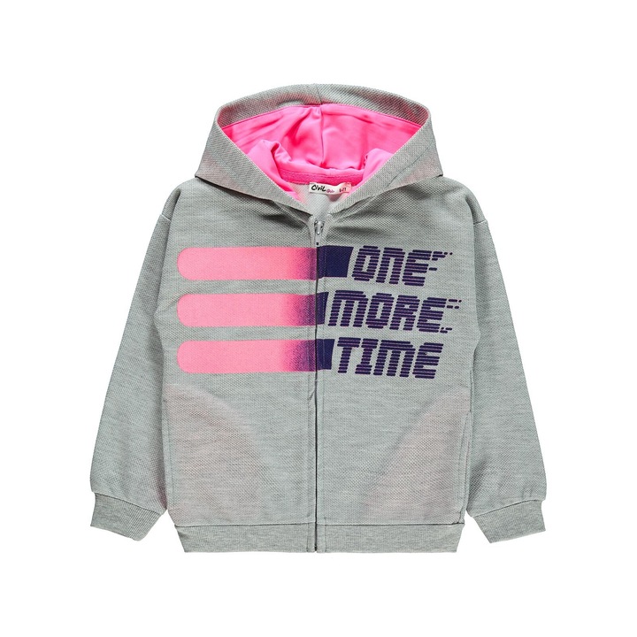 Hanorac pentru fete, ERAKIDS, gluga si fermoar, buzunare laterale, imprimeu, Gri/Roz