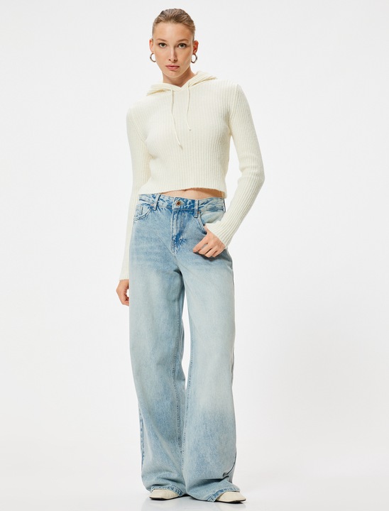 KOTON, Pulover crop cu gluga, Alb fildes, L