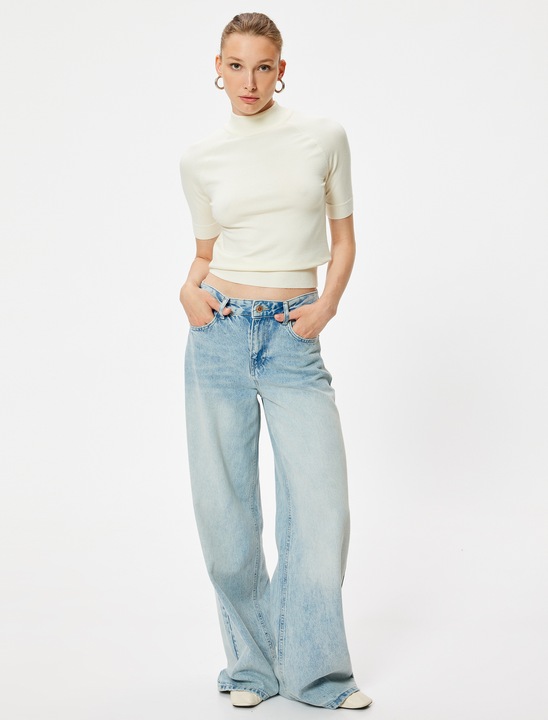 KOTON, Pulover tricotat fin cu maneci scurte, Alb fildes, L