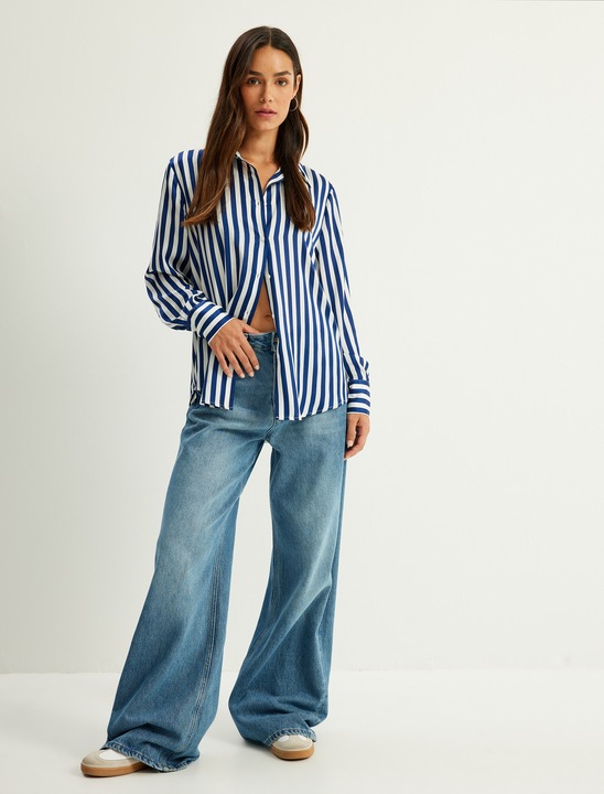 KOTON, Camasa din satin cu model in dungi, Bleumarin, 2XS