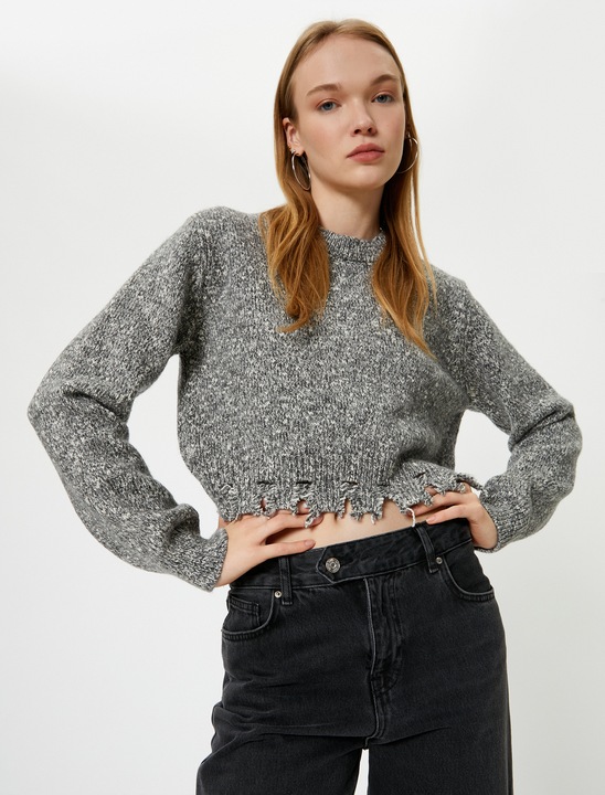 KOTON, Pulover crop cu terminatie nefinisata, Gri
