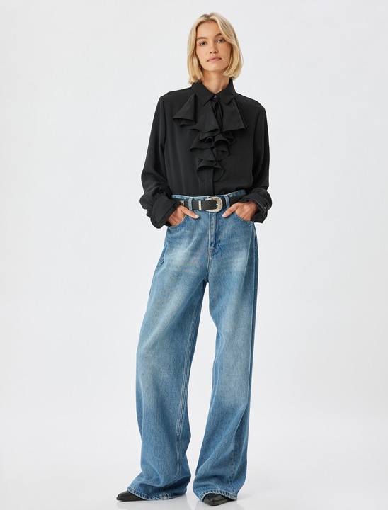 KOTON, Camasa din sifon cu guler jabot, Negru, 2XS