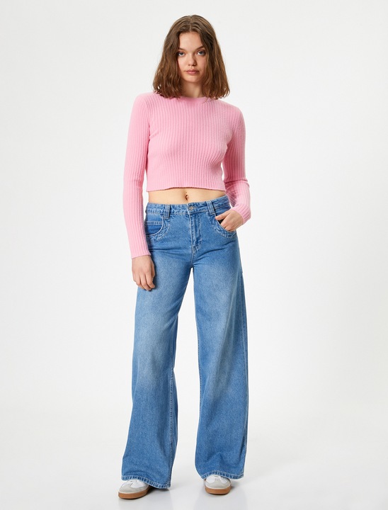 KOTON, Pulover crop striat cu decolteu la baza gatului, Roz