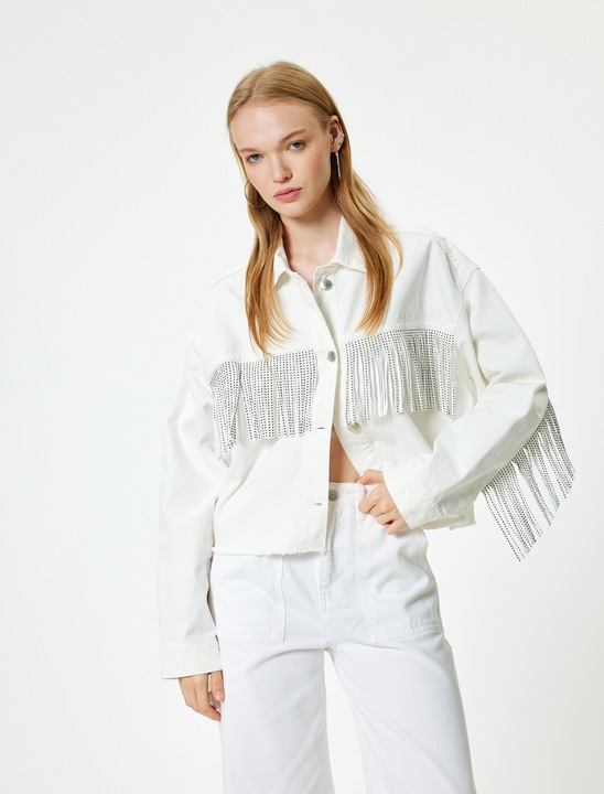 KOTON, Jacheta din denim cu franjuri si strasuri, Alb, 2XS