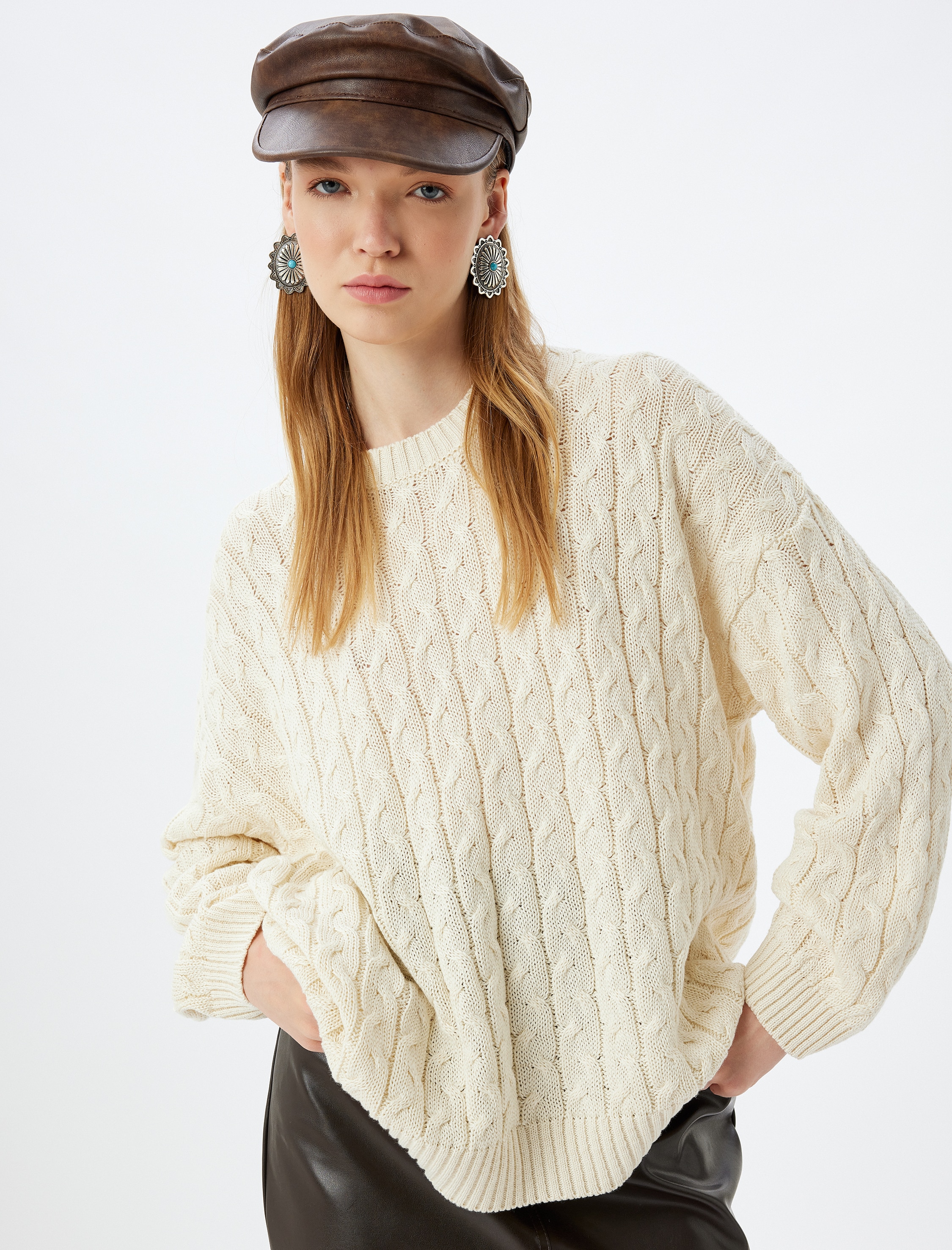 プルートLove KOTON, Pulover supradimensionat cu model torsade, Alb fildes, L