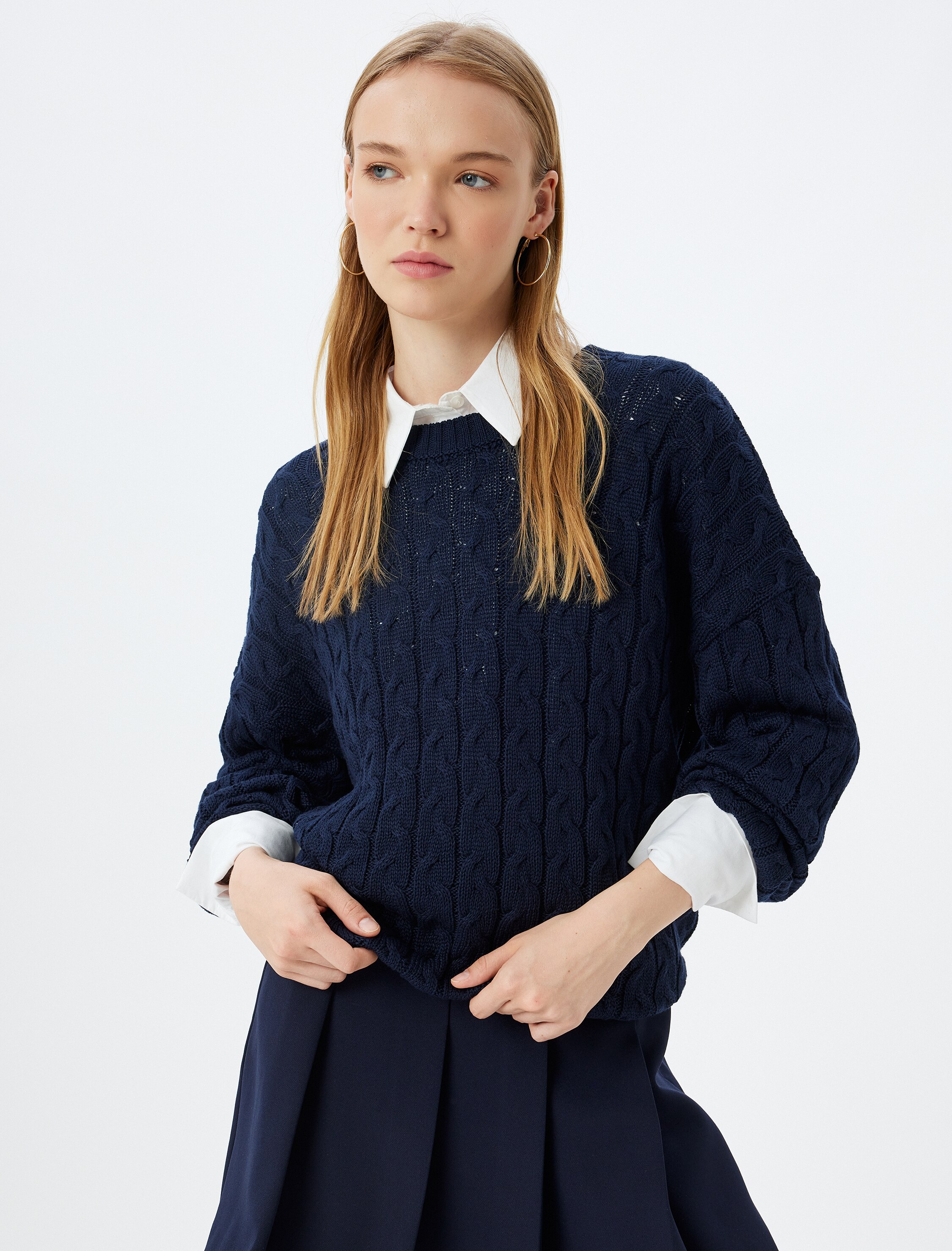 プルートLove KOTON, Pulover supradimensionat cu model torsade, Bleumarin, M