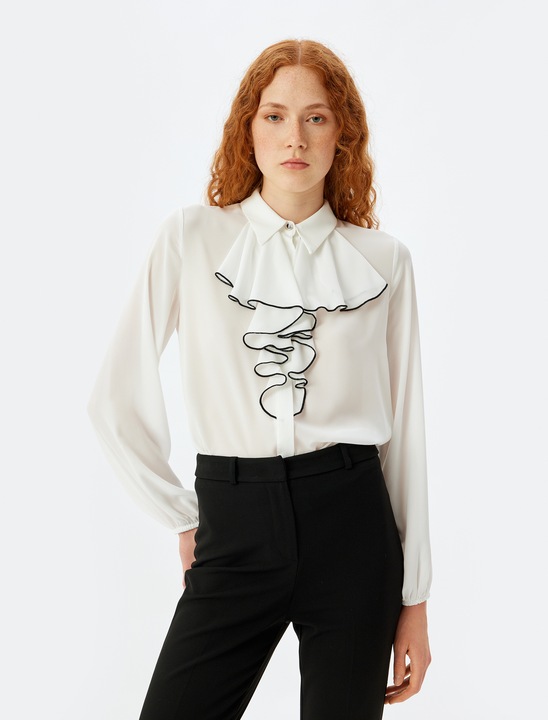 KOTON, Camasa cu volane si maneci lungi, Alb murdar, 2XS