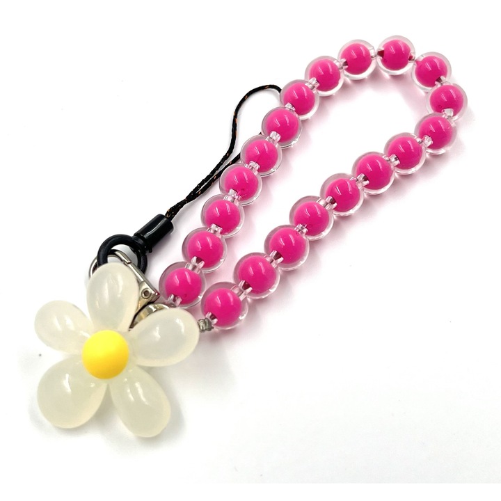 Snur telefon, tip Bratara cu Perle colorate si floare, 2 tipuri de prindere, Fucsia