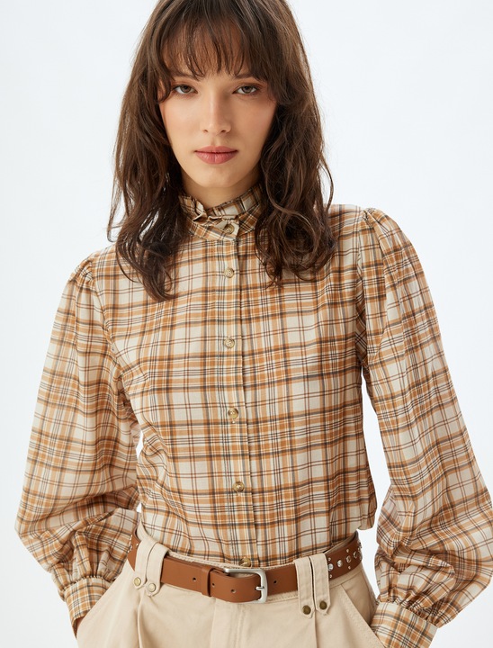 KOTON, Camasa din bumbac cu model in carouri, Maro, 2XS