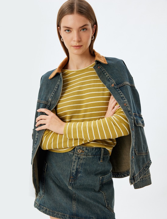 KOTON, Bluza cu maneci lungi si model in dungi, Verde, 3XL