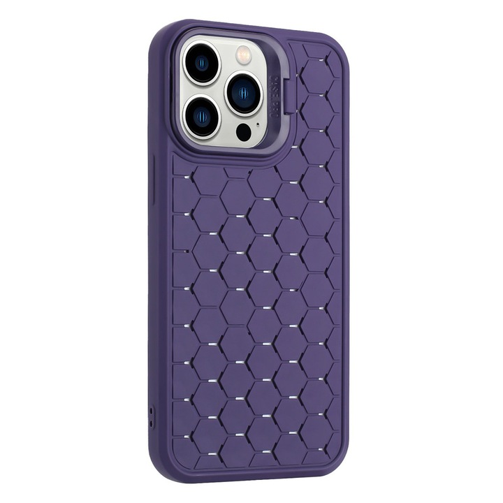 Husa protectie Comando Smart Protect, compatibila cu iPhone 15 Pro Max, Margini Ridicate, Protectie Dubla zona Camere, Efect Cooling, Suport Kickstand, Silicon Extra Moale, Mov