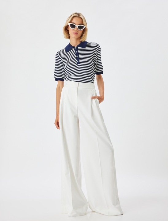 KOTON, Pulover cu model in dungi si maneci scurte, Alb fildes, L