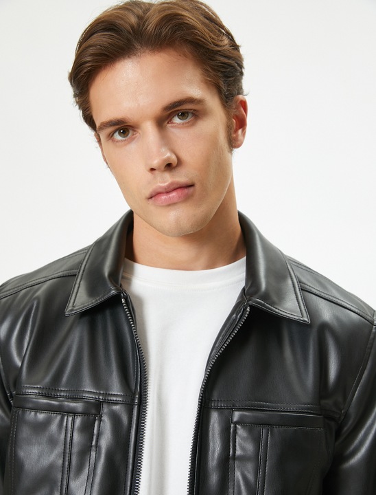 KOTON, Jacheta din piele ecologica cu guler ascutit, Negru, 3XL