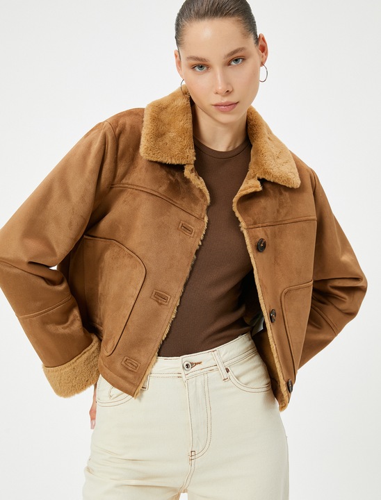 KOTON, Jacheta din piele intoarsa sintetica cu nasturi, Maro, 2XS