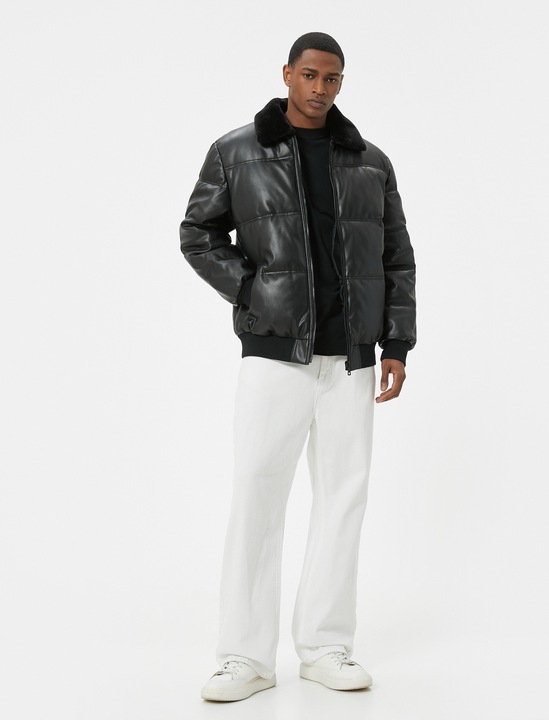 KOTON, Geaca matlasata bufanta din piele ecologica, Negru, 3XL