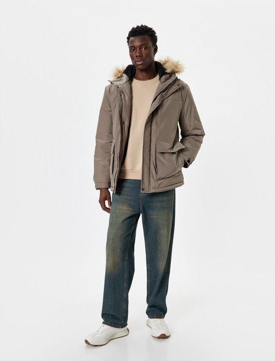 KOTON, Geaca cu vatelina, gluga si garnitura din blana sintetica, Maro, 3XL