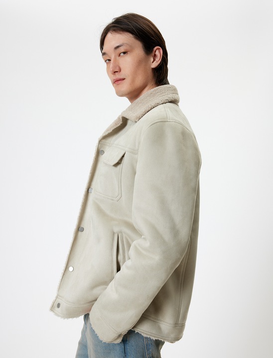 KOTON, Jacheta slim-fit cu captuseala din blana sintetica, Bej, 3XL