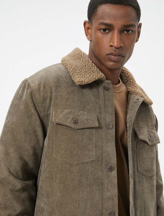 KOTON, Jacheta slim-fit din reiat cu blana shearling, Bej, 3XL