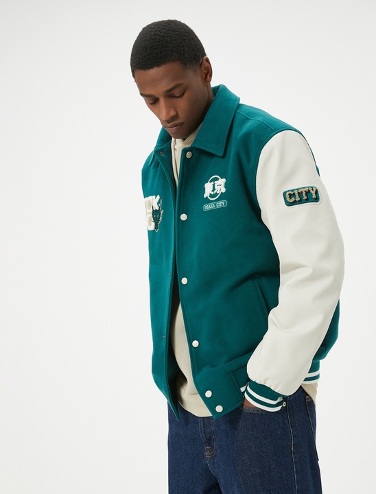 KOTON, Jacheta cu model colorblock si detalii brodate, Verde, 3XL