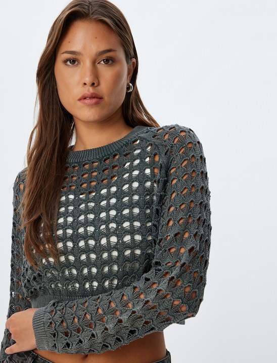 KOTON, Pulover crop din bumbac cu model cu perforatii, Gri antracit, L