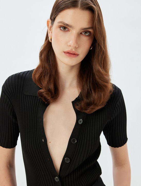 KOTON, Pulover slim fit cu nasturi, Negru, L