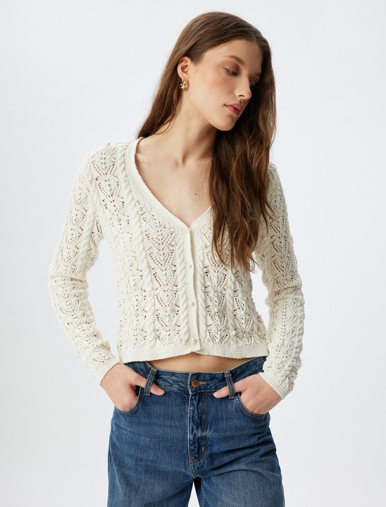 KOTON, Pulover crop din amestec de bumbac, Alb fildes, L