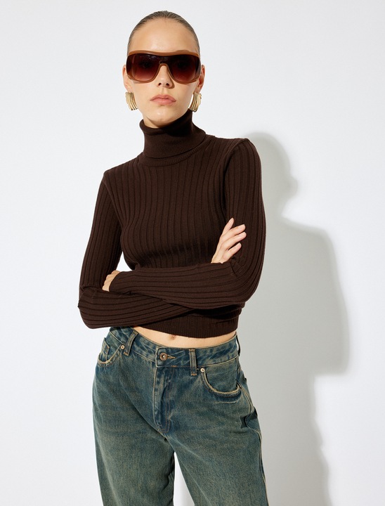 KOTON, Pulover slim fit cu guler inalt, Maro, L