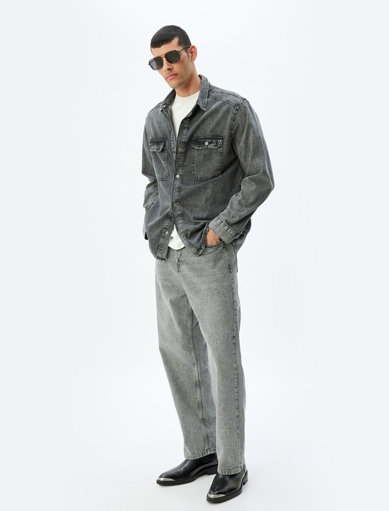 KOTON, Jacheta din denim cu buzunare aplicate, Negru, 3XL