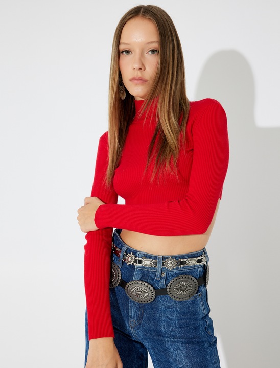 KOTON, Pulover crop cu guler inalt, Rosu, L