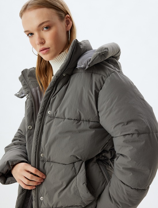 KOTON, Geaca cu gluga si aspect matlasat, Gri antracit, 2XS