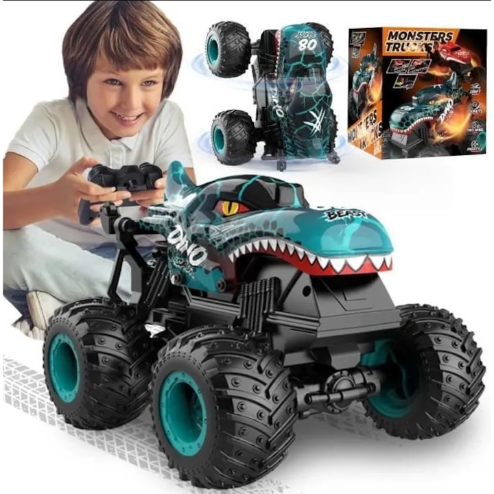 RC Távirányítós Autó, Drift Autó, 1:20, 2.4 GHz-es Terepjáró Cápa Szörnyeteg Teherautó, Terepjáró Zenével, 3 Fényeffektus, 360 Fokozatú Kaszkadőrmutatványokra Képes, Kék