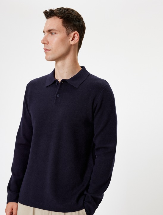 KOTON, Pulover polo tricotat fin, Bleumarin, 3XL