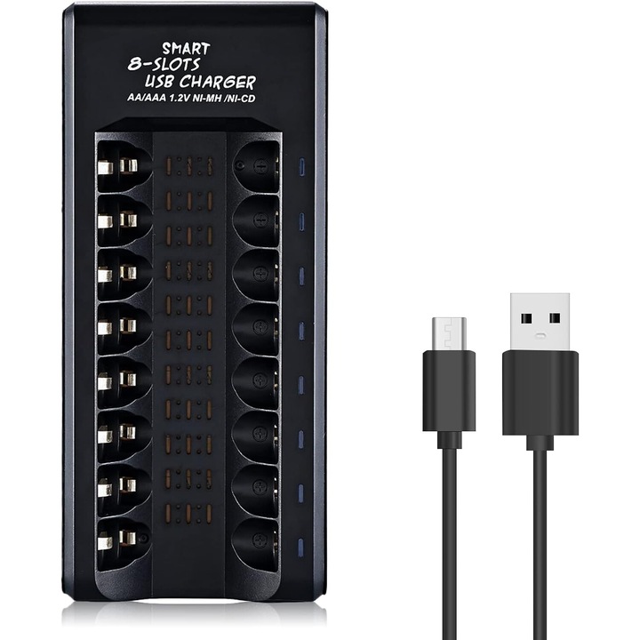 Incarcator de baterii AA AAA cu 8 locuri Incarcator rapid individual cu functie de incarcare pentru Ni-MH Ni-CD Incarcator universal de baterii AA AAA cu LCD, intrare micro USB pentru baterii reincarcabile AA si AAA