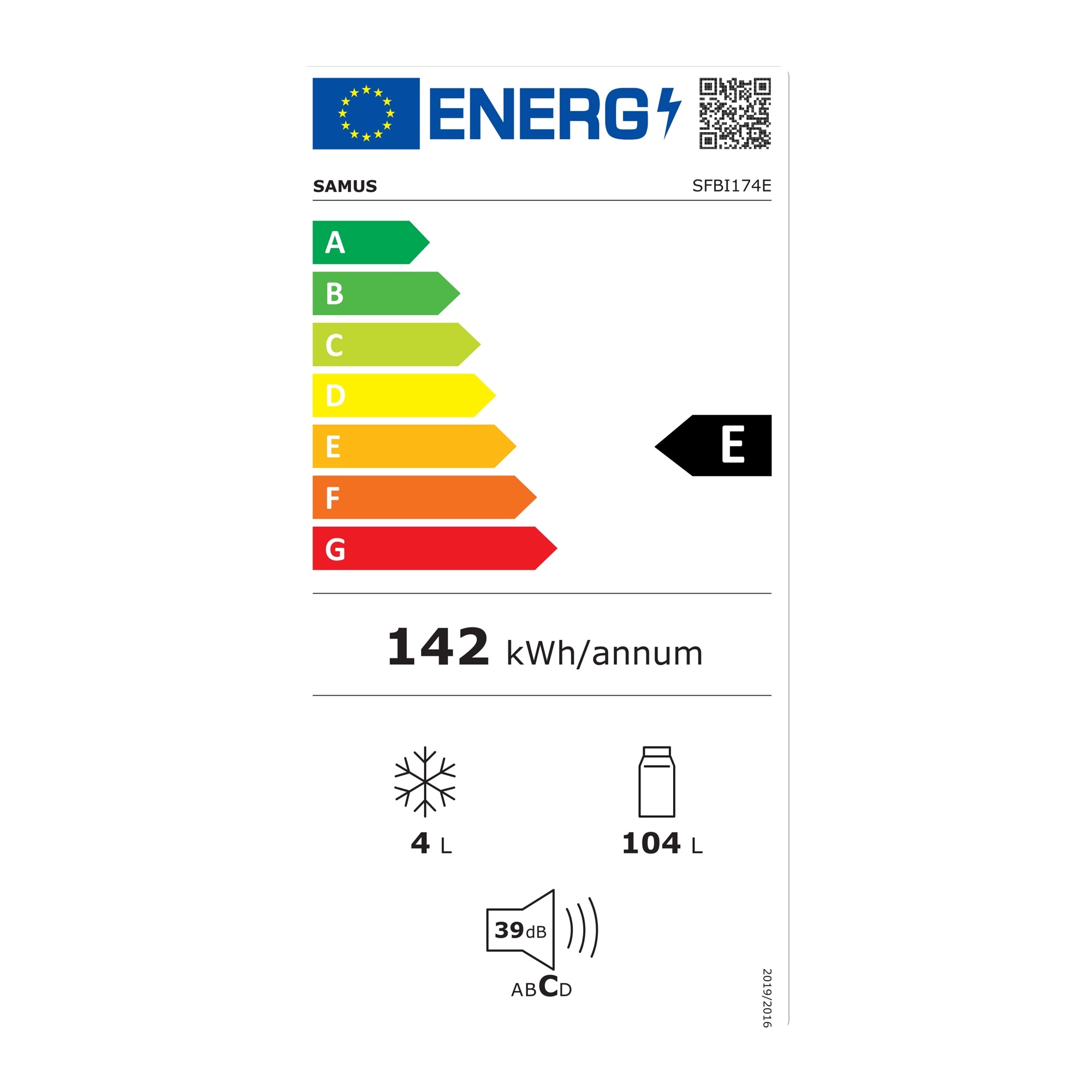 Frigider incorporabil cu o usa Samus SFBI174E, 118 L, Termostat Reglabil, Clasa energetica E, 2 rafturi, H 88 cm
