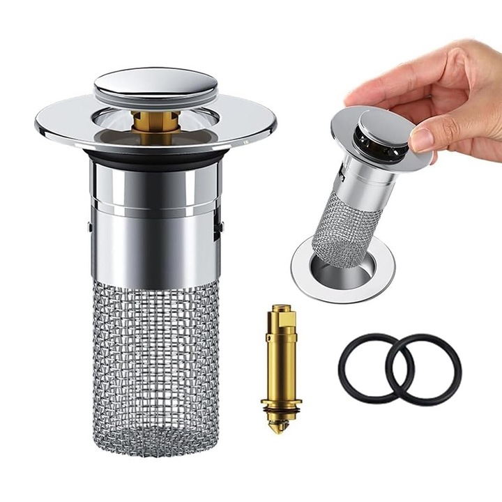 Дренажен вентил, BOMSTOM, неръждаема стомана, 34-40 мм, сребрист, 8x6x3 см, комплект с резервен гумен пръстен