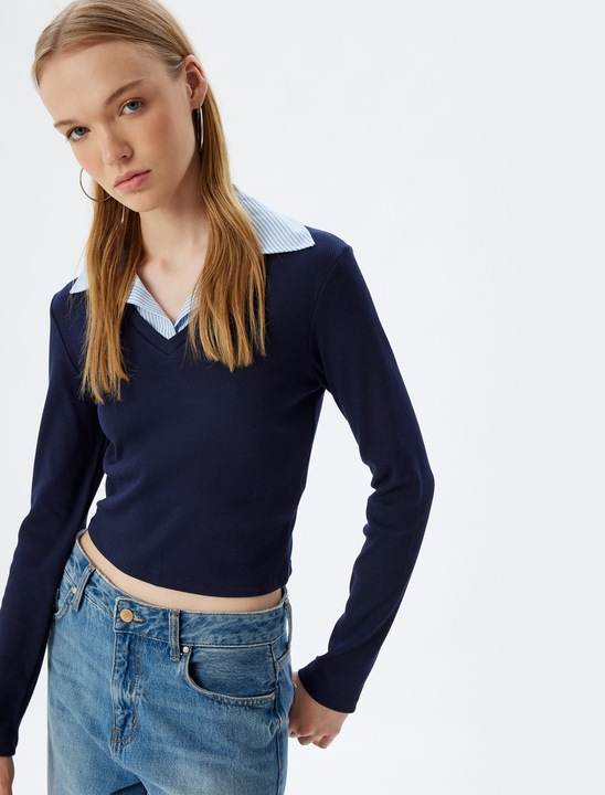 KOTON, Bluza slim fit cu model 2-in-1, Bleumarin, 3XL