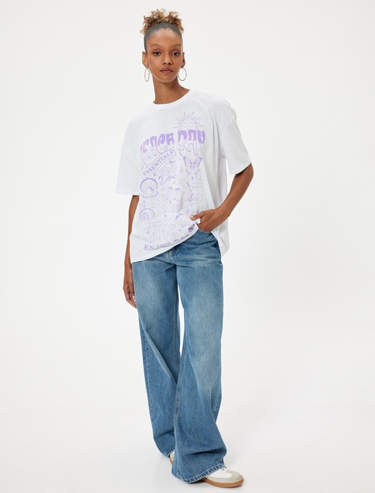 KOTON, Tricou supradimensionat cu imprimeu grafic, Alb fildes, S